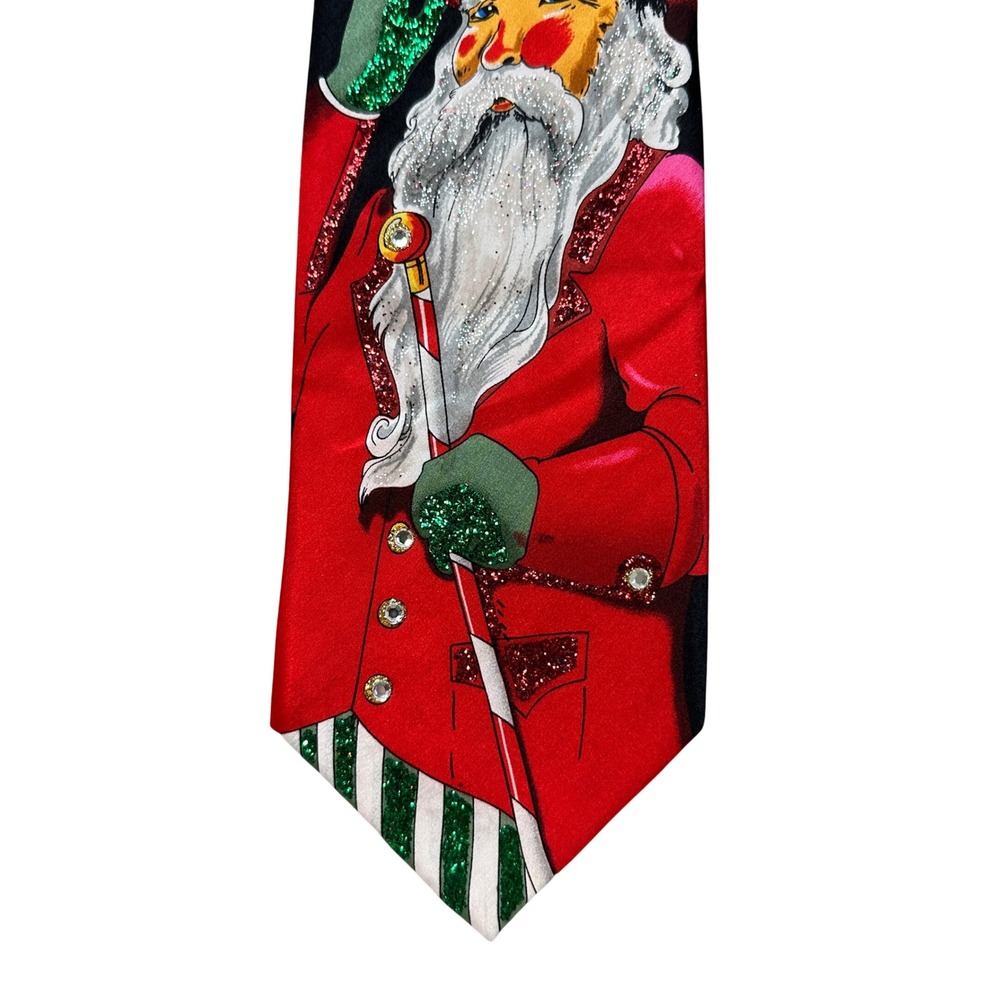 December Diamonds Mens Silk Christmas Tie Santa Claus Glitter Rhinestone Red 4in